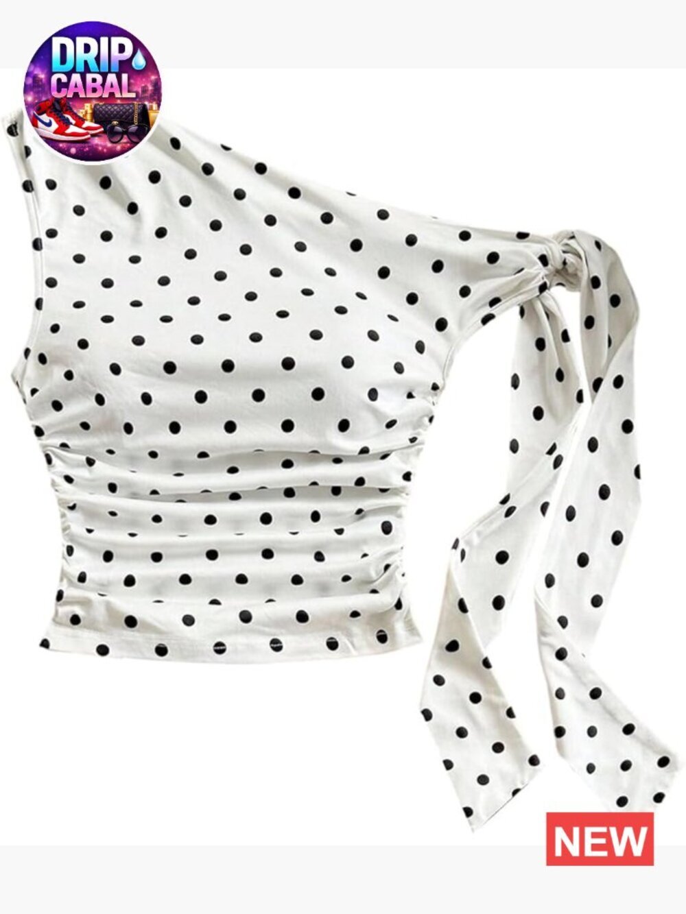 Polka Dot Crop Top Ruched Off Shoulder Asymmetric Knot Going Out Tee